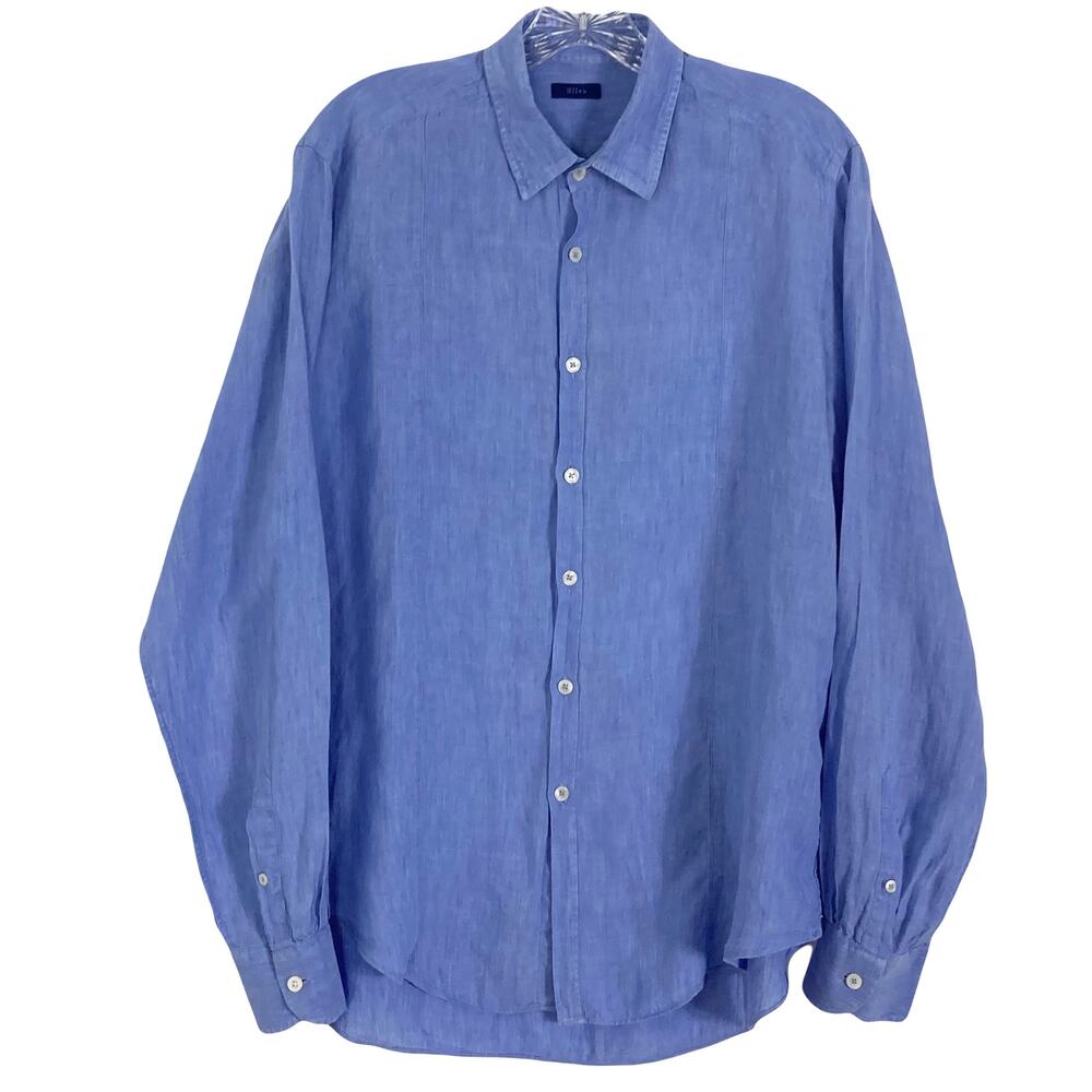 NWOT ALTEA Shirt 43~L Linen Blue Long Sleeve Button-Up Pointed-Collar Curve-Hem